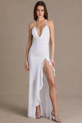 Chiffon Cowl-Neck Open-Back Gown In Snow