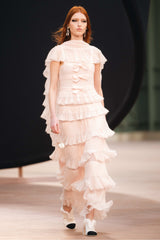 Chanel 25K Solid Color Pleated Knitted Design Suspender Long Dress Mohair And Silk Light Pink #332234