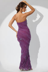 Embellished Bandeau Ruffle Maxi Dress In Plum
