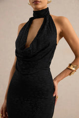 Magda | Black Lace Cowl Plunge-Neck Maxi Dress With Collar