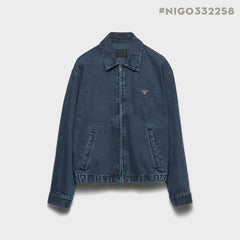 PRADA Men's Obsidian Denim Bomber Jacket Shirt-collar Zip-up Logo Long-sleeve Denim Jacket #332258