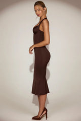 Satin Sweetheart Bustier Fishtail Midaxi Dress In Chocolate Brown