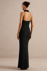 Almaria | Black Lace Asymmetric-Neck Maxi Dress With Collar-Detail