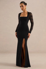Anessa | Black Square-Neck Maxi Dress With Lace Long-Sleeves
