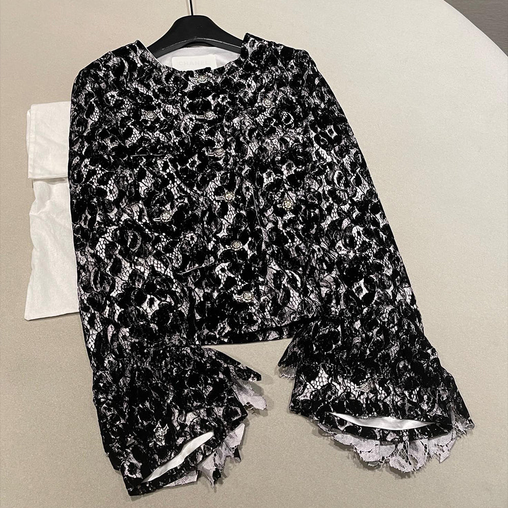 Chanel 25A Women's Advanced Handicraft Series Lace and Velvet Spliced Cropped Jacket #333009