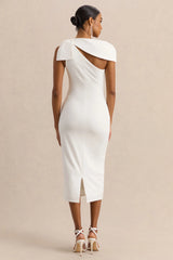 Clarina | White Asymmetric-Neck Midi Dress With Bow-Detail