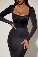 Cowl-Neck Long-Sleeve Midaxi Dress In Black