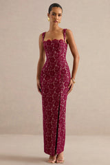 Zarisse | Burgundy Lace Square-Neck Maxi Dress
