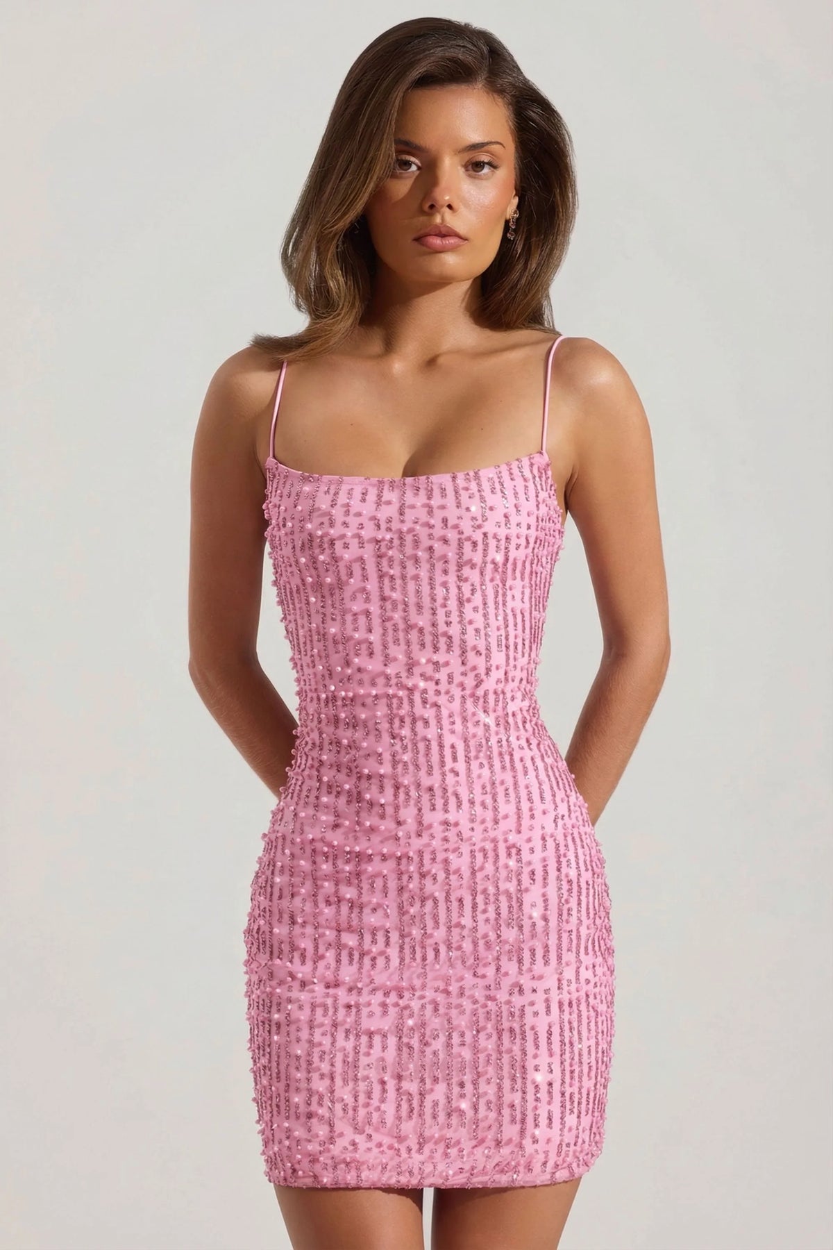 Embellished Scoop-Neck Bodycon Mini Dress In Pink