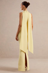 True Icon | Lemon Satin High-Neck Maxi Slip Dress With Sash