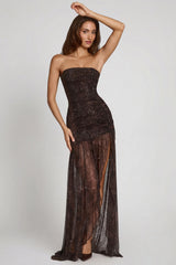 Embellished Bandeau Gathered Maxi Dress In Snake Hotfix