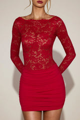 Sheer Lace Boat-Neck Mini Dress In True Red