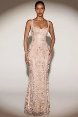 Embellished Appliqué Soft-Scoop Corset Gown In Sand