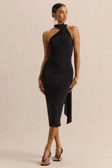 Devinae | Black Asymmetric-Neck Midi-Dress With Open-Back And Scarf-Detail