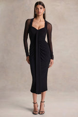 Rosetta | Black Sweetheart-Neck Midi Dress With Sheer-Sleeves