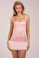 Satin Square-Neck Corset Faux-Fur Mini Dress In Blush Pink