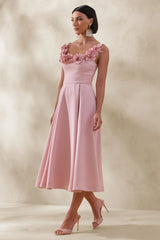 Maelle | Pink Scoop-Neck Midi Dress With Corsage Detailing