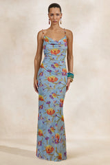 Raisa | Blue Floral Sheer Mesh Cowl-Neck Maxi Dress