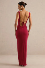 Josiane | Red Square-Neck Maxi Dress With Front Split