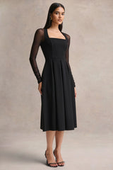 Melinda | Black Square-Neck Midi Dress With Mesh Detailing