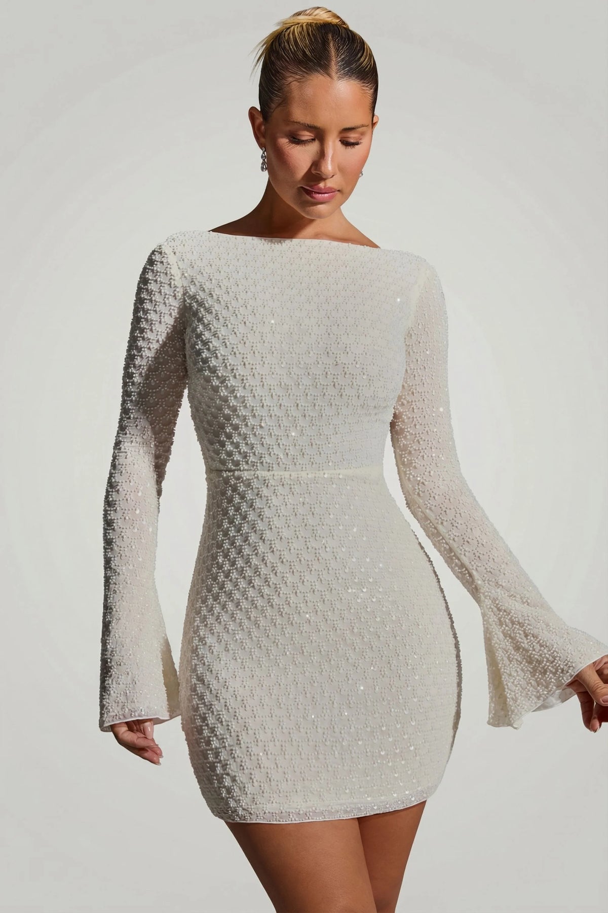 Embellished Open-Back A-Line Mini Dress In White