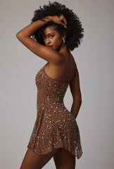 Sheer Embellished Scoop Neck Mini Dress In Mocha