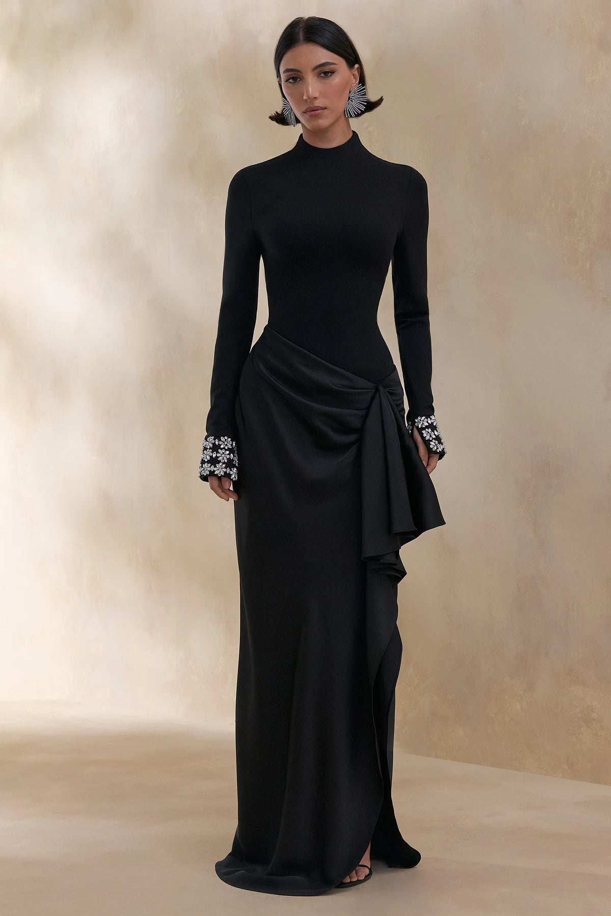 Starred | Black High-Neck Maxi Dress With Satin Wrap-Skirt And Embellished Cuffs