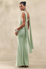 Solyra | Mint Square-Neck Maxi Dress With Sash And Cape Detail