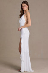 Chiffon Cowl-Neck Open-Back Gown In Snow