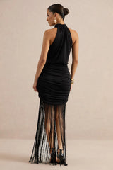 Moana | Black Halter-Neck Fringed Maxi Dress With Ruched Detailing