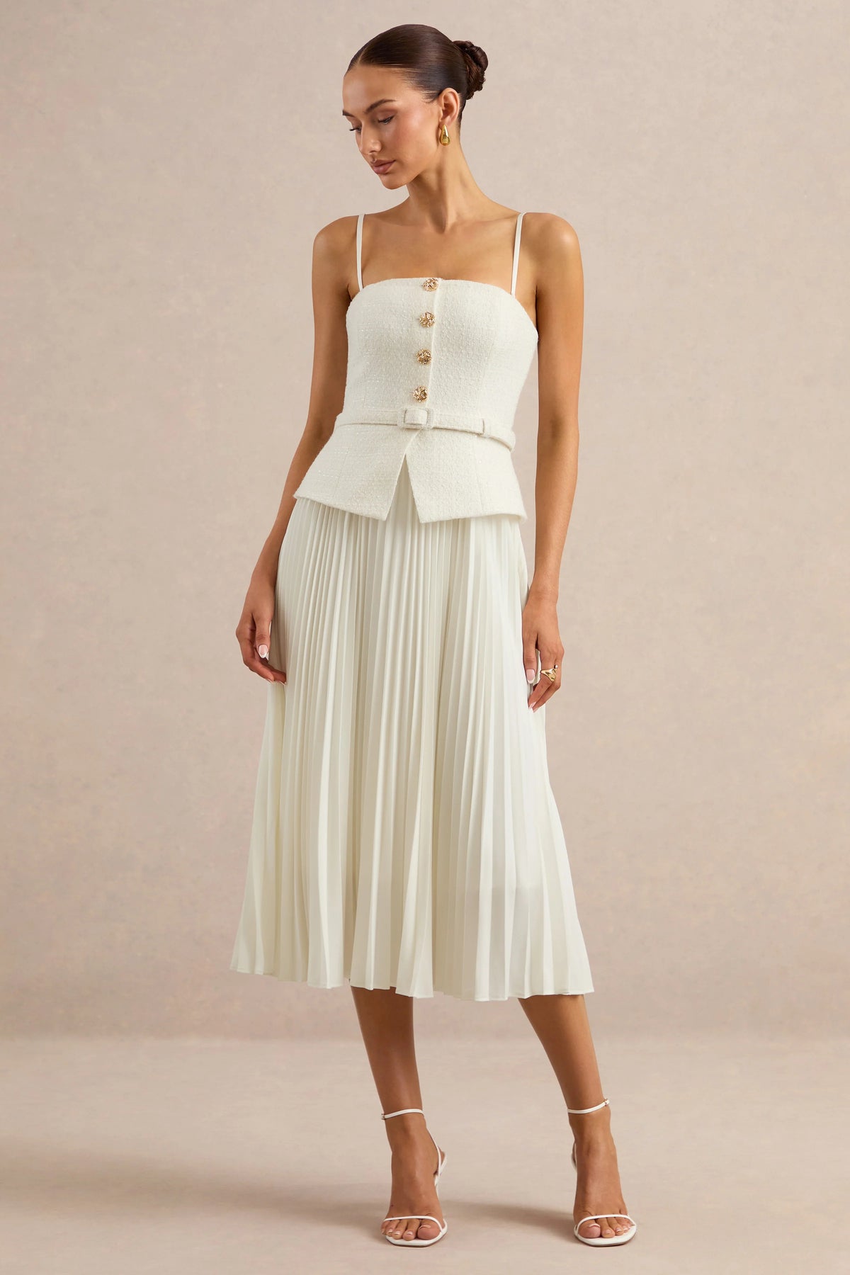 Lizzy | Cream Square-Neck Midi Dress With Pleated-Skirt