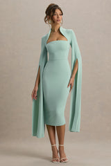 Linden | Light Green Fitted Cape-Sleeve Midi Dress