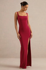 Josiane | Red Square-Neck Maxi Dress With Front Split