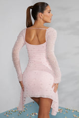 Long Sleeve Embellished Cowl Neck Mini Dress In Blush