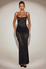 Sheer Lace Square-Neck Ruched Gown In Black