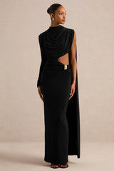 Esmaria | Black High-Neck Maxi Dress With Gold Detail And Sash
