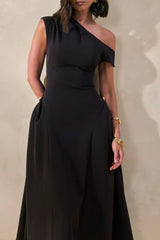 Celosia | Black Asymmetric-Neck Midi Dress With Gold-Detailing