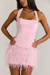 Satin Corset Feathered Mini Dress In Blossom Pink