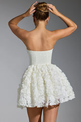 Embellished Floral-Appliqué Lace-Up Mini Dress In White