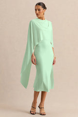 Luxalyn | Green Round-Neck Midi Dress With Cape-Detail