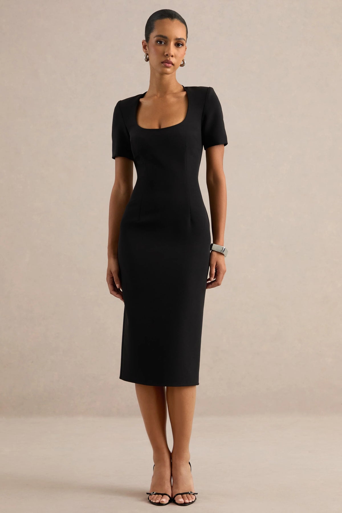 Elisiae | Black Scoop-Neck Midi Dress