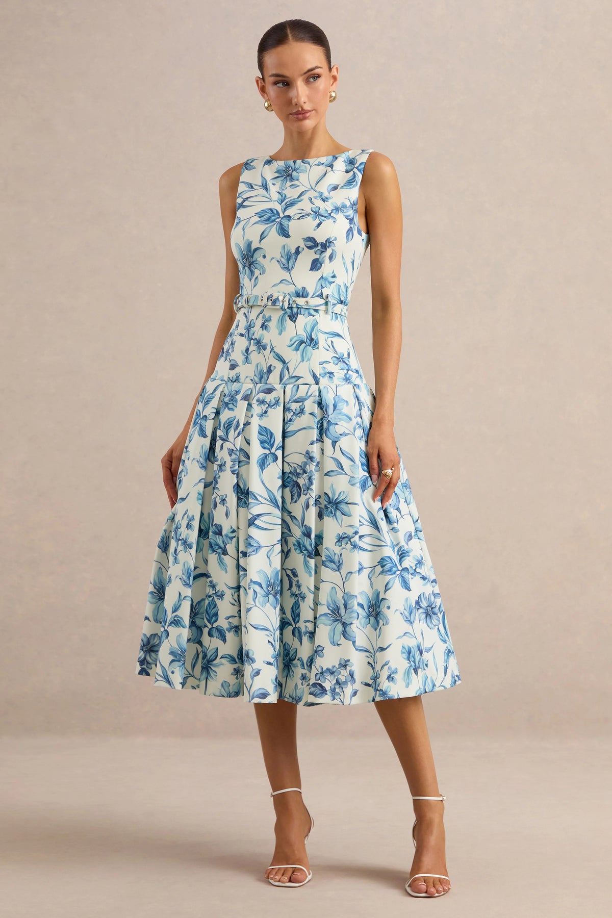 Sunnira | Blue Porcelain Print Boat-Neck Midi Dress With Drop-Waist