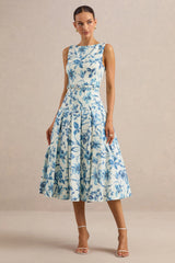 Sunnira | Blue Porcelain Print Boat-Neck Midi Dress With Drop-Waist