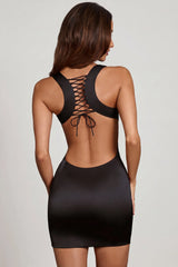 Scoop Neck Lace-Up Back Mini Dress In Black