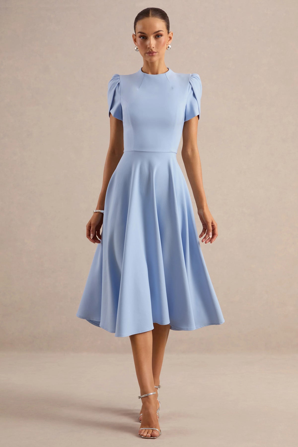 Vicky | Powder Blue High Neck Midi Dress With Puff Sleeves