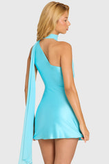 Satin Scarf-Detail Mini Dress In Aquamarine