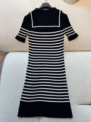 DIOR Dioriviera Dior Marinière Straight Dress with Sailor Collar Navy Blue and White Ribbed Cotton Knit #387480