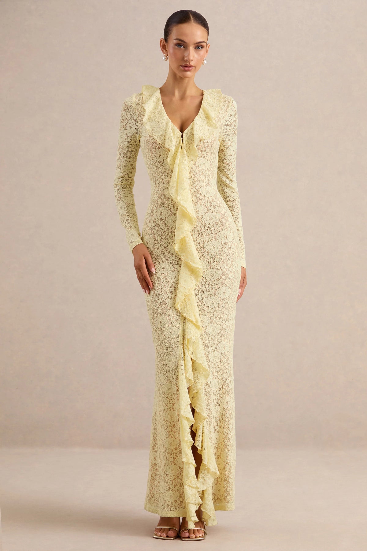 Exelia | Lemon Lace Plunge-Neck Maxi Dress With Long-Sleeves