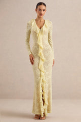 Exelia | Lemon Lace Plunge-Neck Maxi Dress With Long-Sleeves