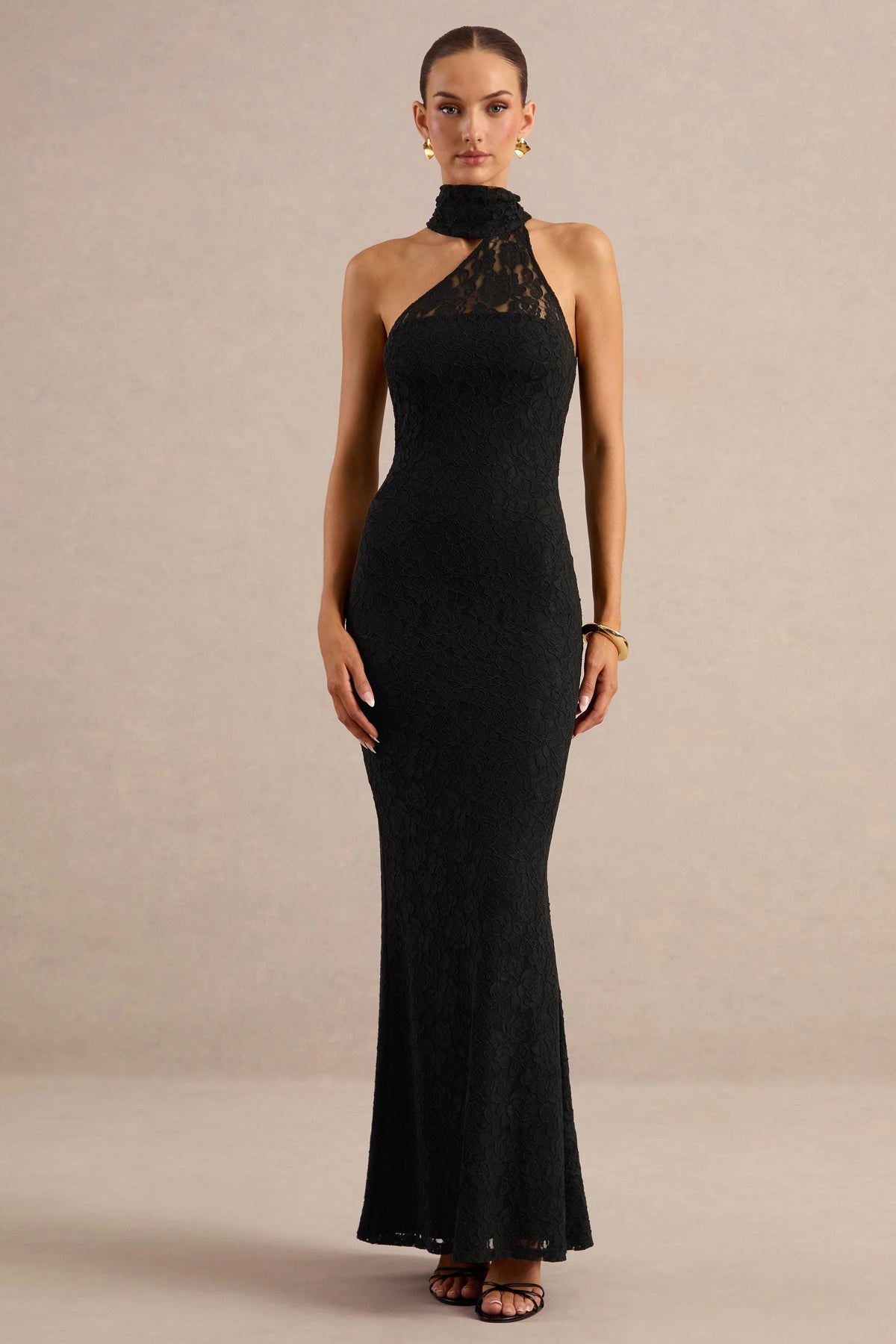 Almaria | Black Lace Asymmetric-Neck Maxi Dress With Collar-Detail